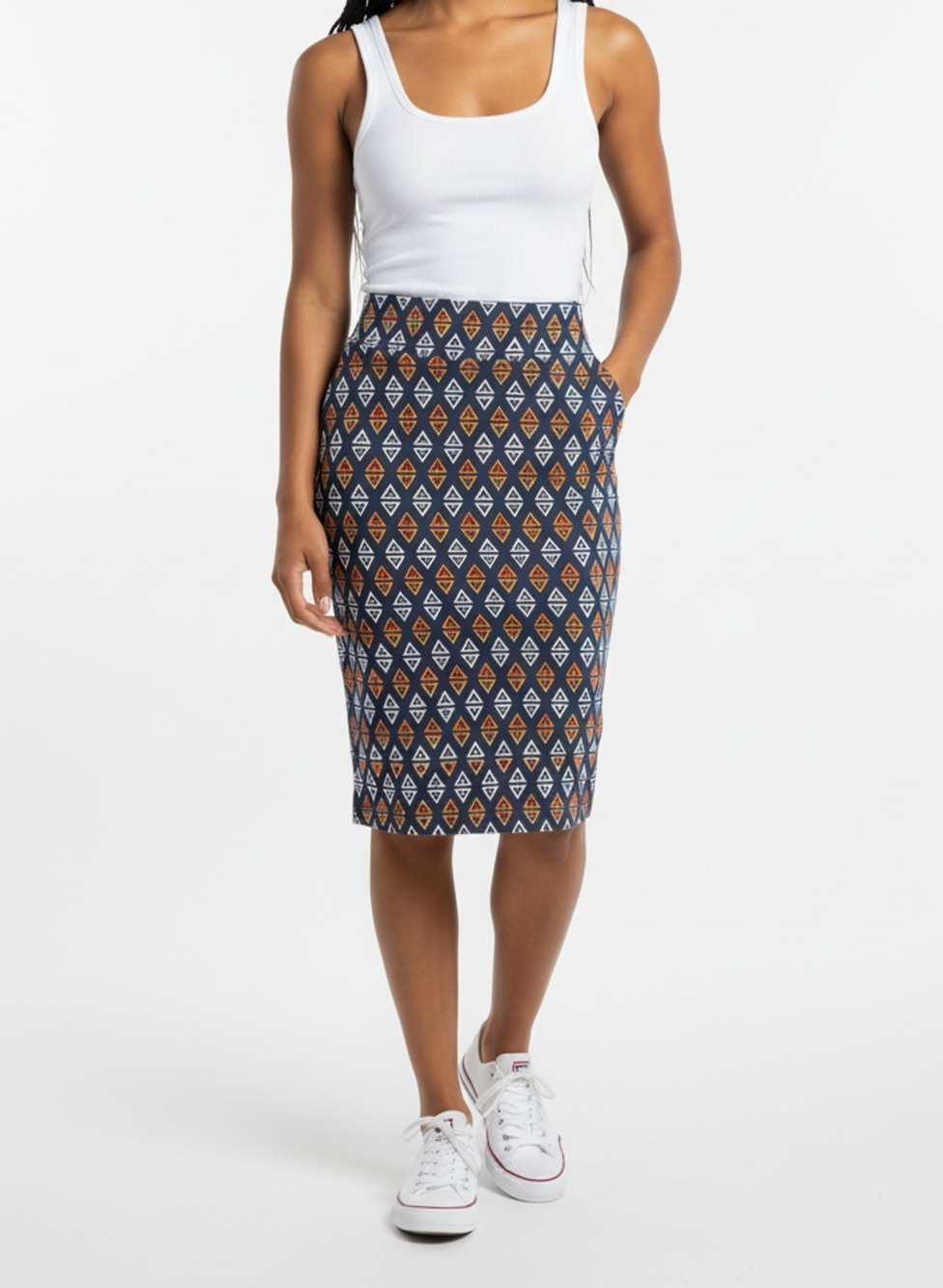 LuLaRoe Cassie Skirt Size L Blue Orange White Geometric Triangle Pattern NWT